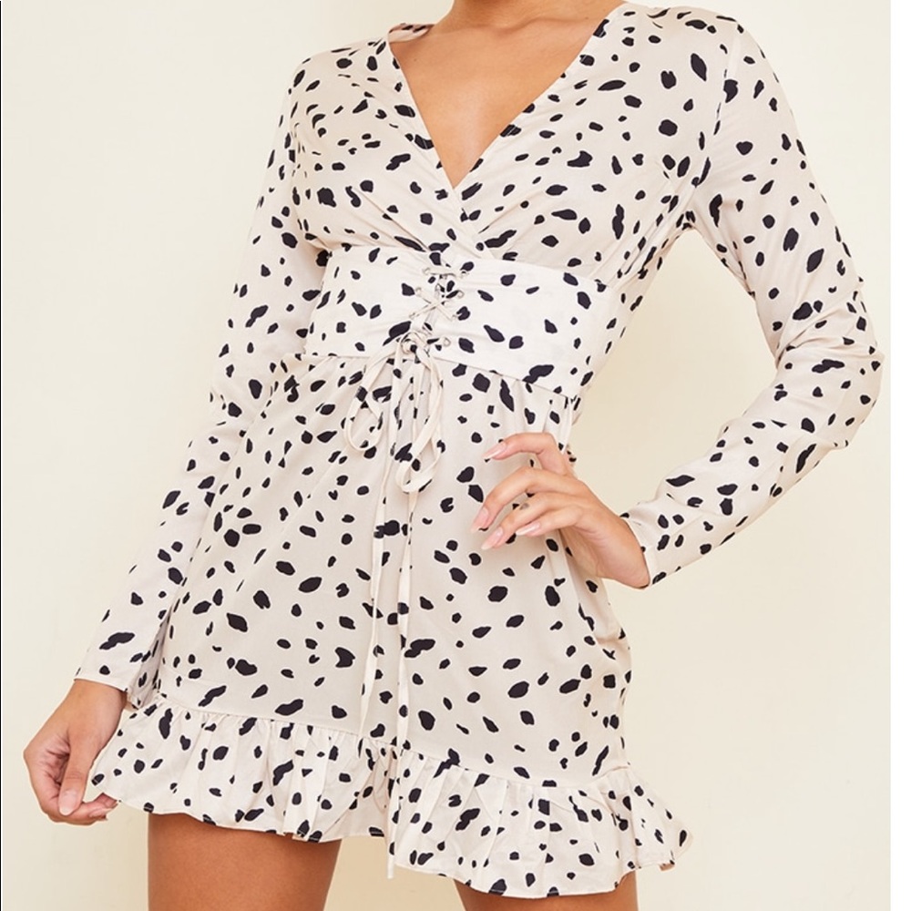 PrettyLittleThing Dalmatian Print Corset Long Sleeve Mini Dress